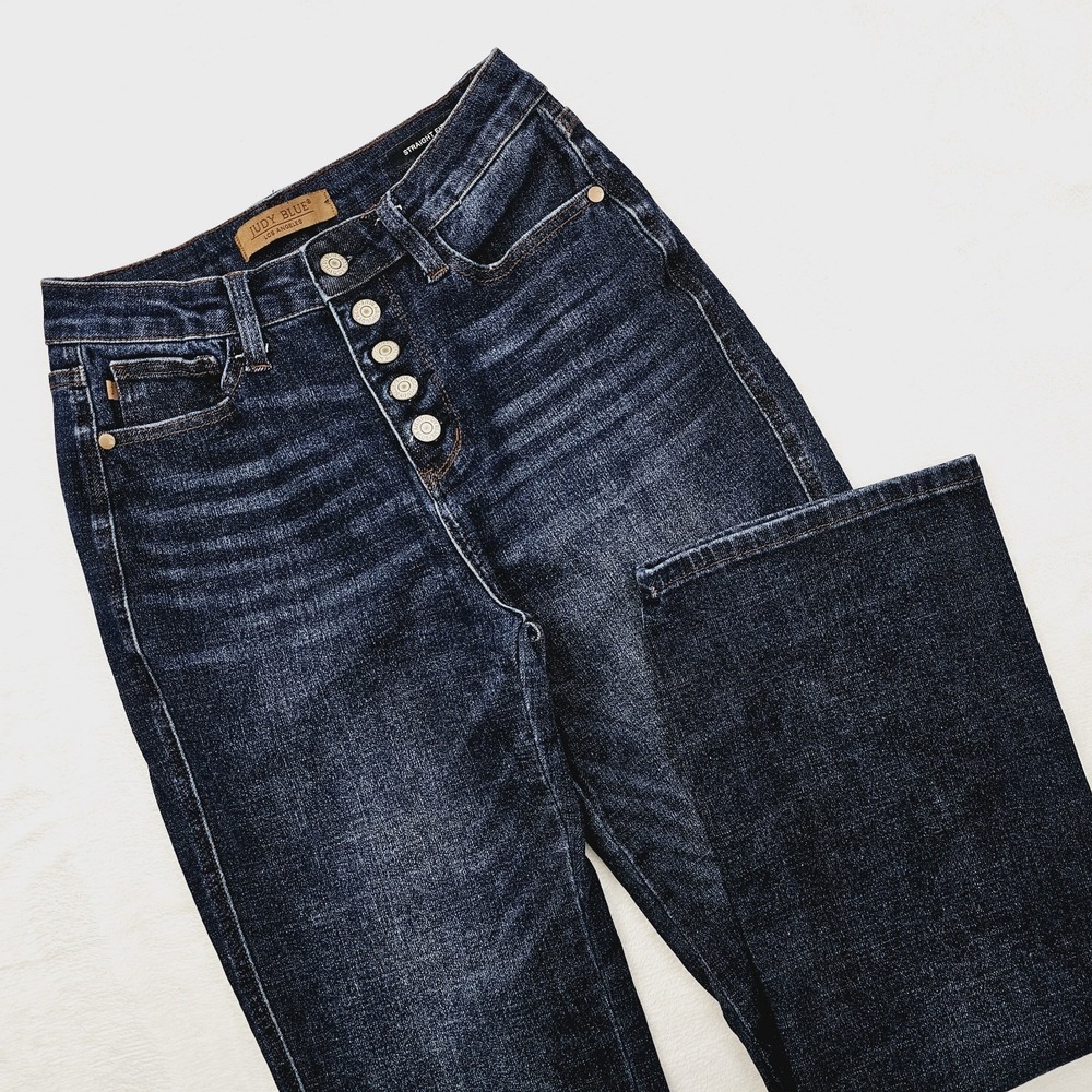 Judy Blue Womens 3 / 26 High Waist Straight Fit Jeans Blue‎ Stretch Denim Button